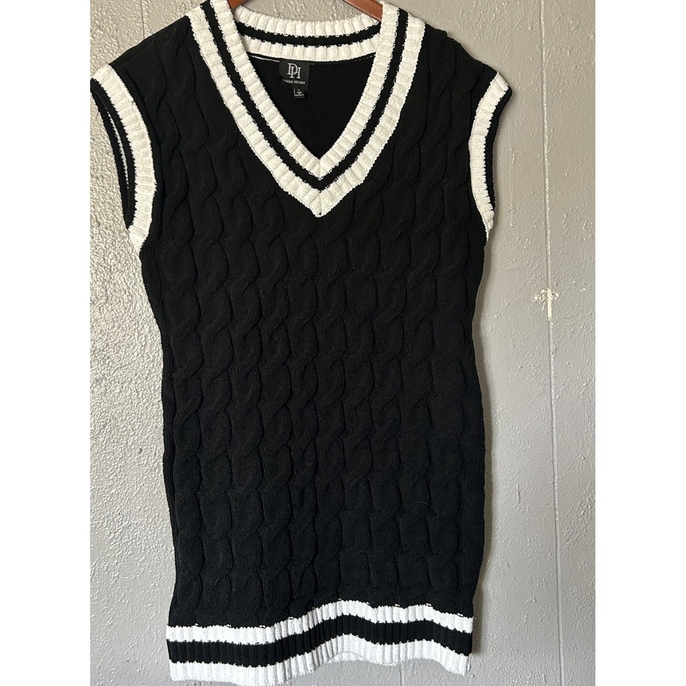 Derek Heart Black White Sleeveless Academia Mini Sweater Dress Size L Preppy